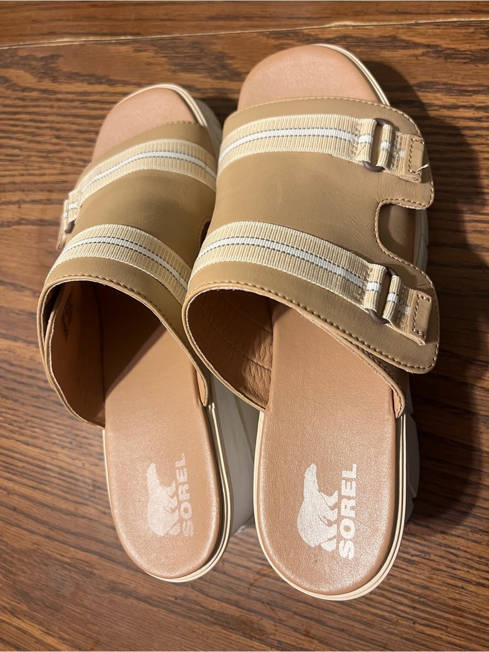 Sorel Women's Tan Slip-On Slide Sandals with White Striped Webbing